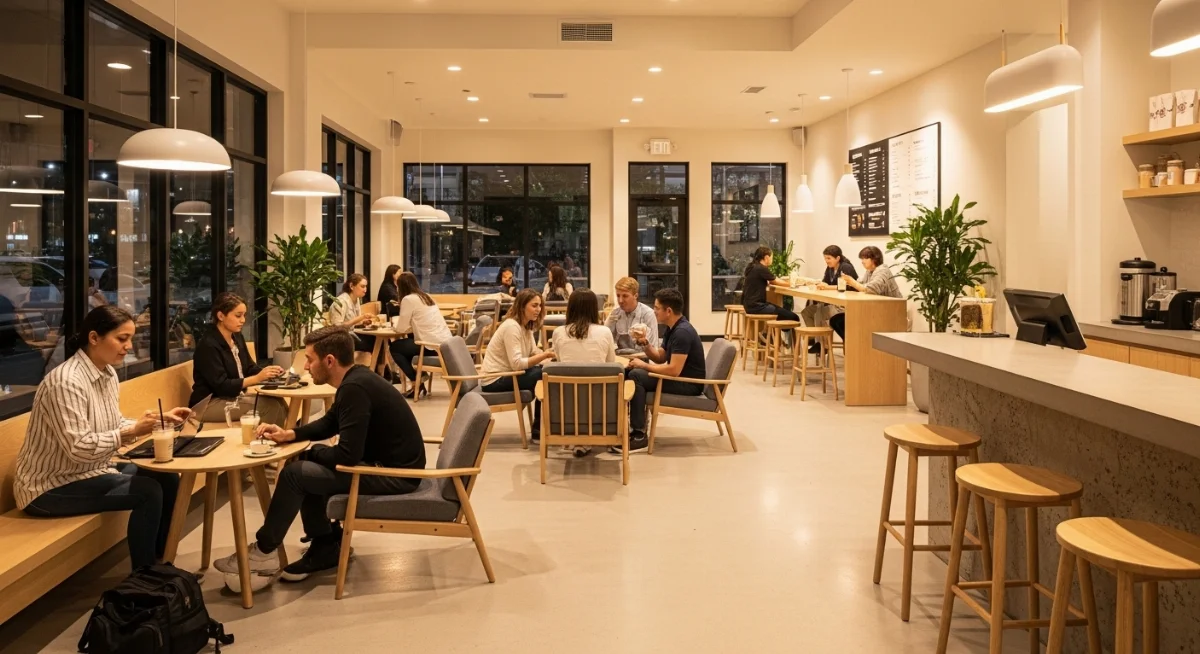 Không gian quán trà sữa hiện đại với đèn LED thông minh đổi màu