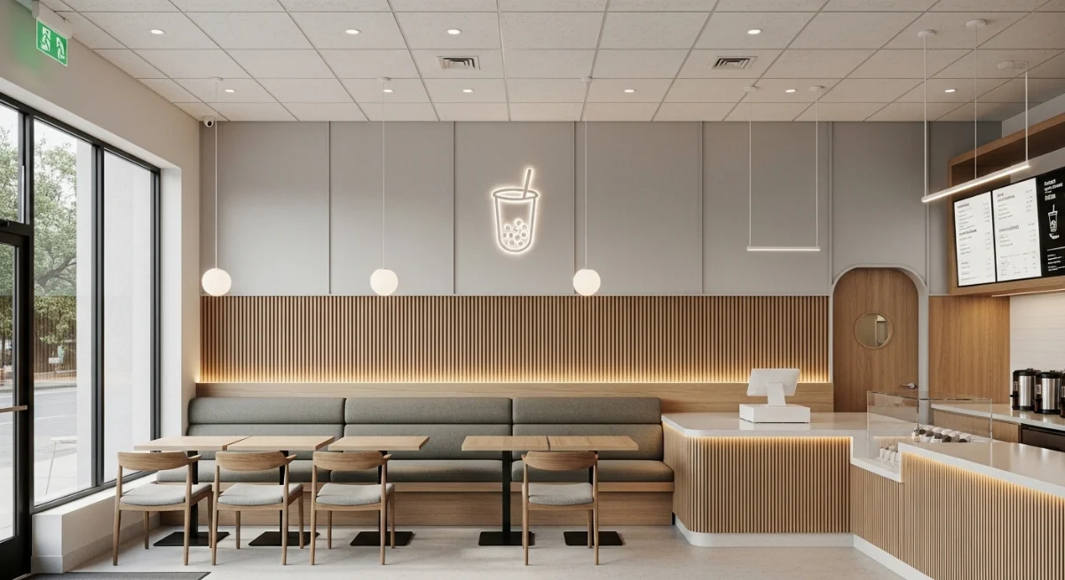 Bên trong quán trà sữa hiện đại với vật liệu chống cháy A-Class đảm bảo an toàn PCCC 2026