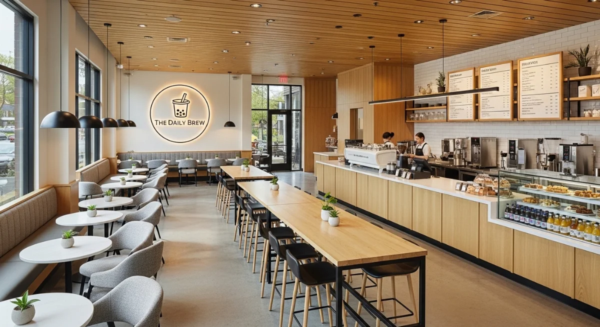 Mẫu thiết kế quán cà phê hiện đại với không gian mở và cây xanh