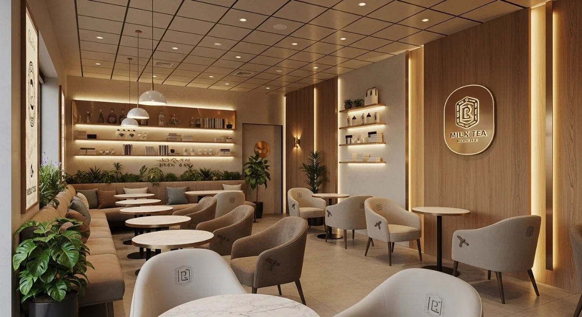 Hình ảnh một quán trà sữa hiện đại được trang bị vật liệu chống cháy A-Class an toàn