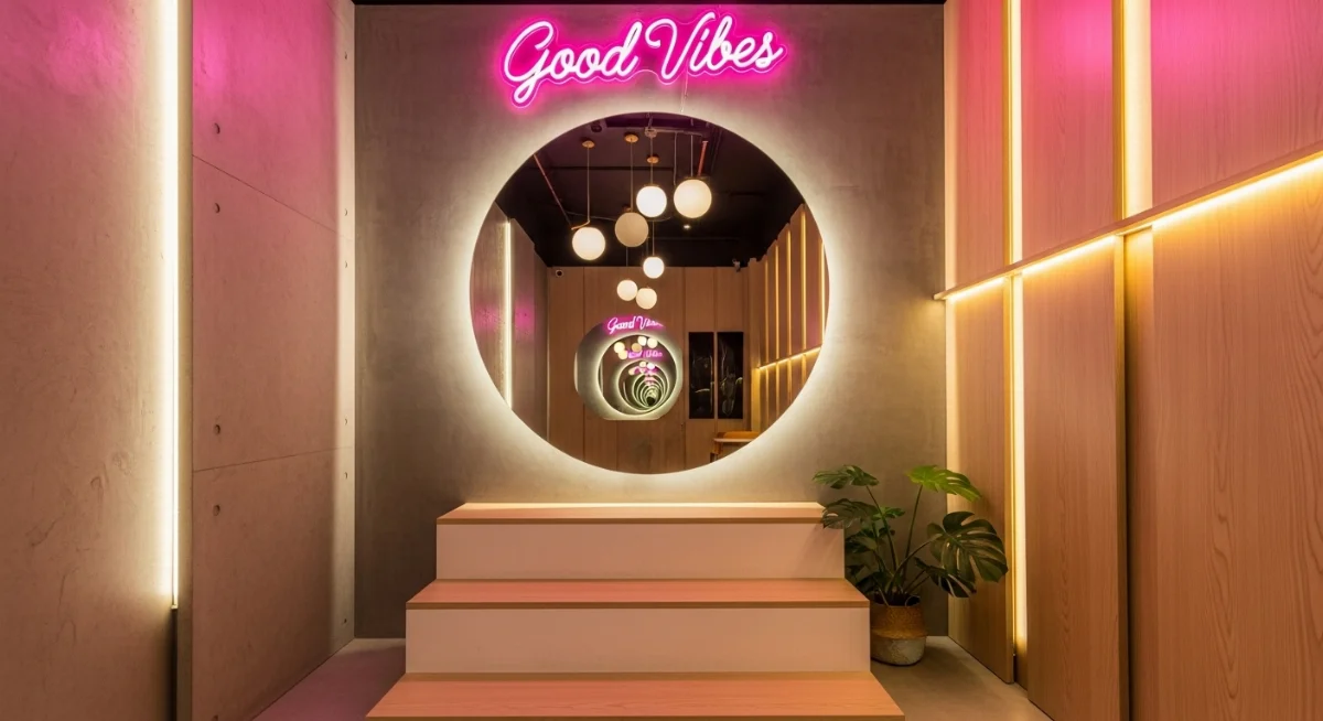 Góc sống ảo quán trà sữa nhỏ với gương cầu và đèn neon