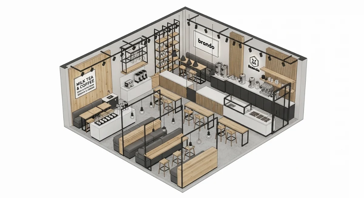 Mẫu thiết kế quán trà sữa 50m2 có gác lửng tối ưu không gian cho giới trẻ