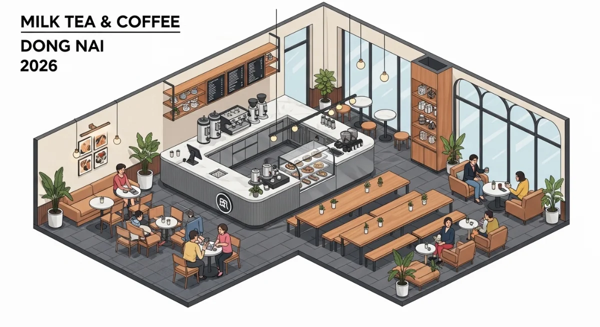 Thiết kế quán cà phê take away đẹp Bình Dương với quầy bar hiện đại