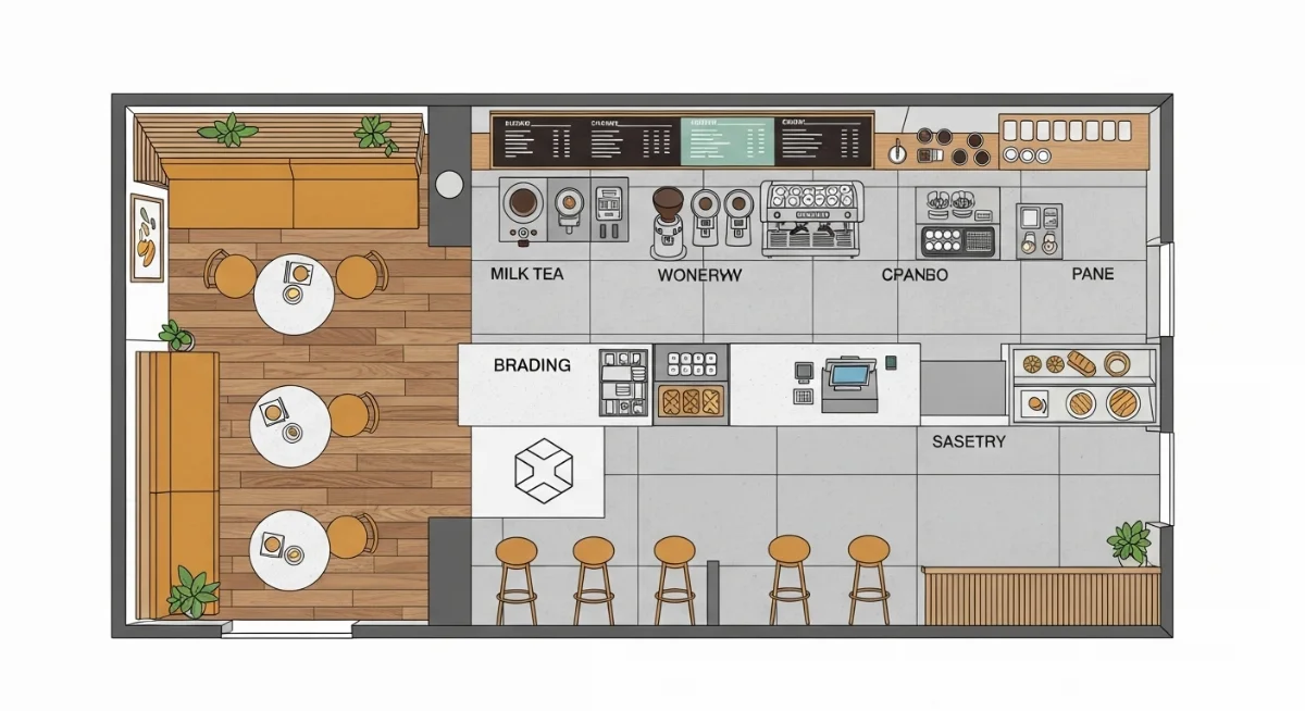 Bố trí không gian quán cà phê nhỏ gọn và chức năng với bàn ghế tối giản