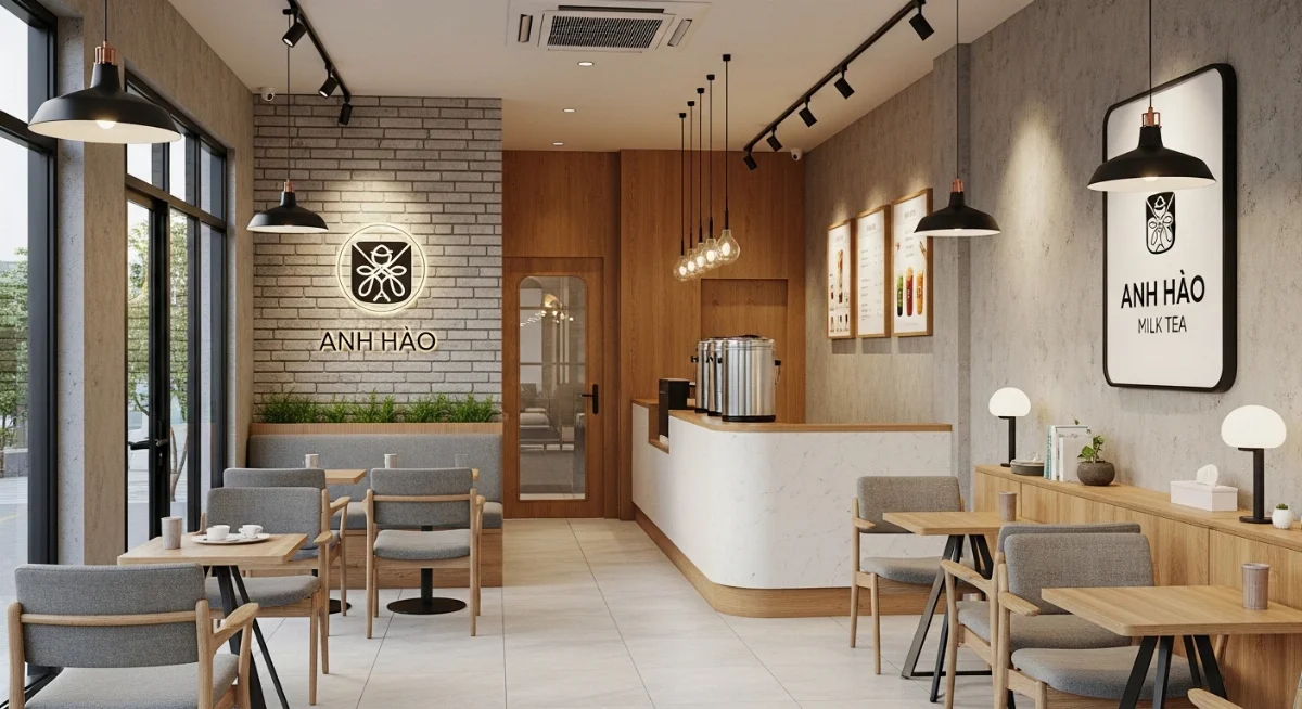 Hình ảnh tổng quan quán trà sữa Anh Hào Bến Cát trước khi chống ẩm