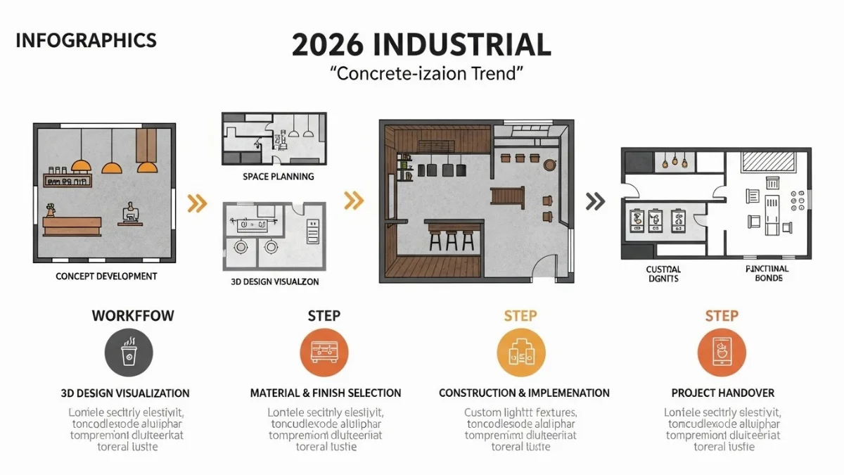 Thiết kế nhà bếp Industrial với quầy bar bê tông và ghế kim loại