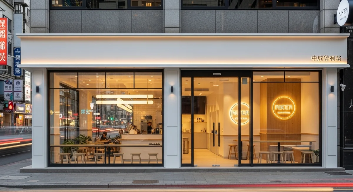 Cửa kính cường lực chống ồn hiện đại cho quán trà sữa mặt tiền