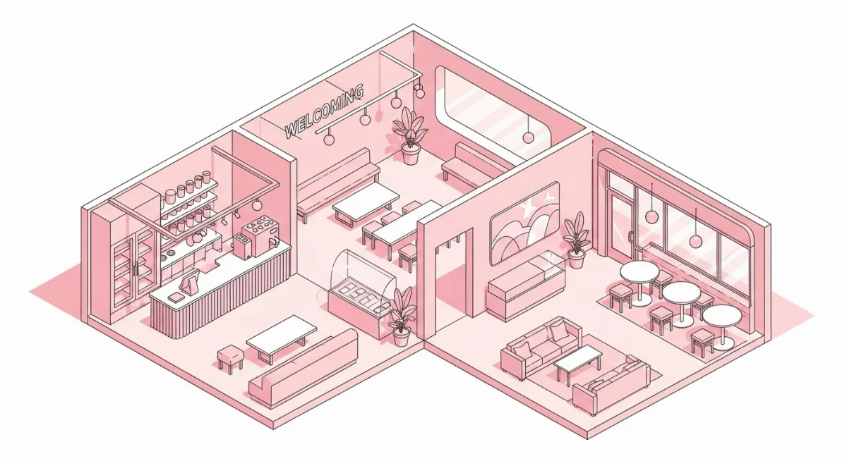 Nội thất quán trà sữa hồng pastel hiện đại và sáng tạo