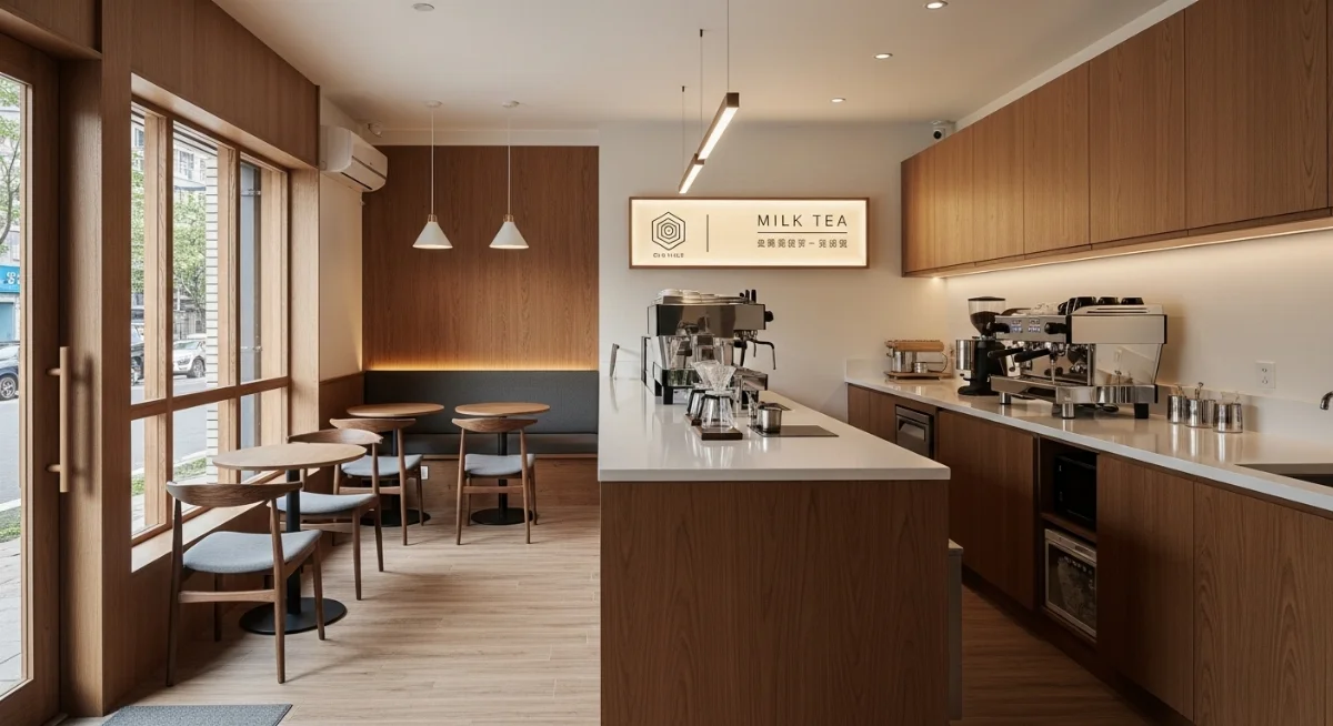 Mẫu thiết kế quán cà phê nhỏ hiện đại với nội thất gỗ ấm cúng