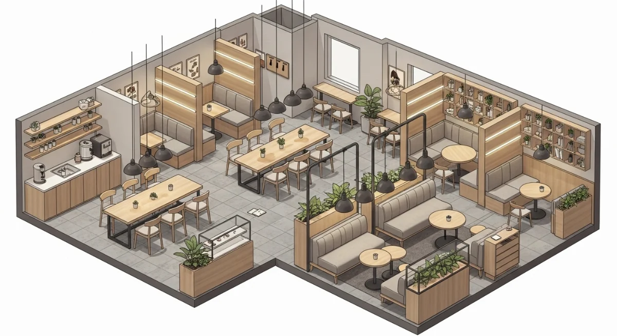 Nội thất quán cà phê phong cách tối giản với tông màu gỗ ấm áp