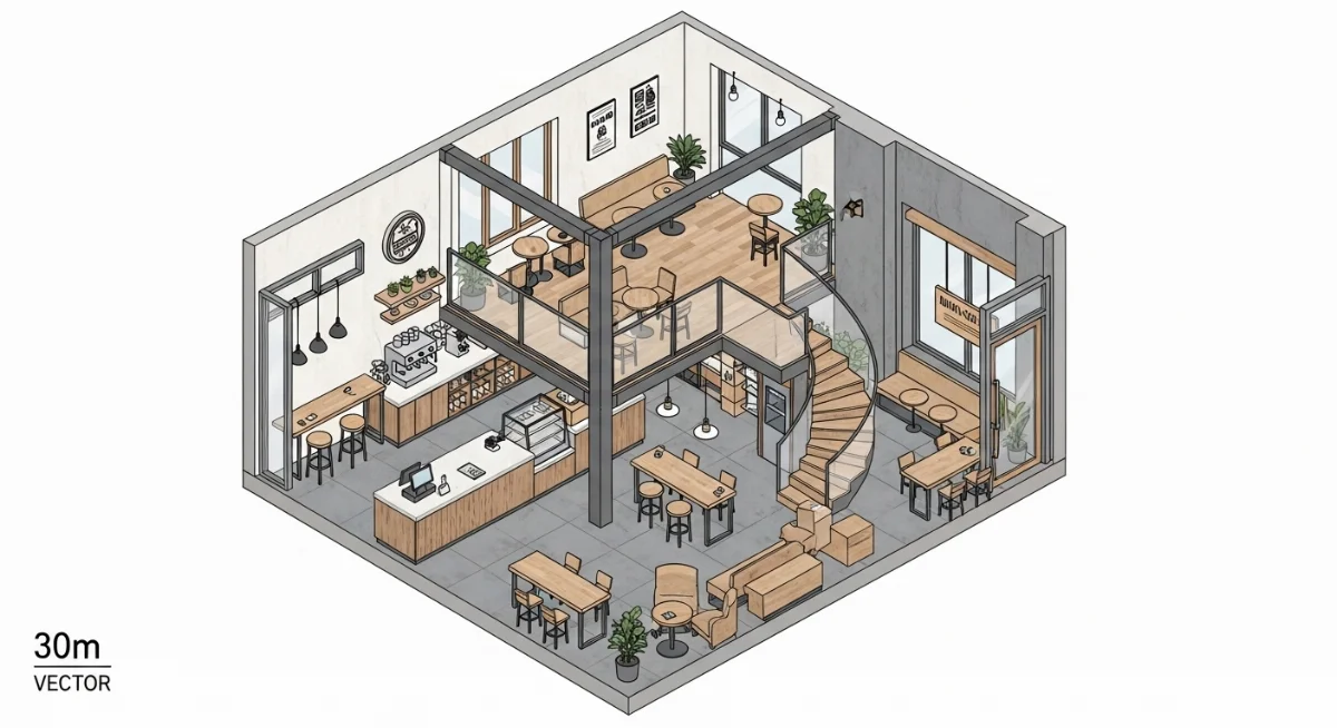 Thiết kế quán trà sữa 2 tầng 30m2 phong cách tự nhiên ấm cúng