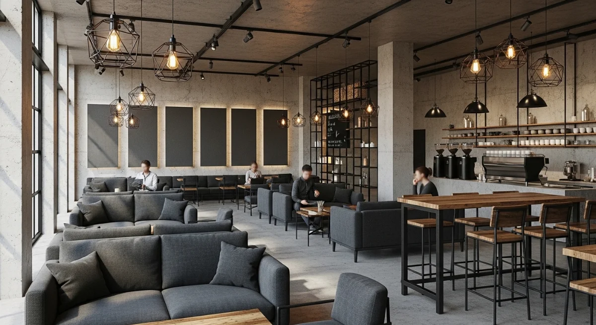 Không gian quán cà phê phong cách Industrial hiện đại với vật liệu thô mộc