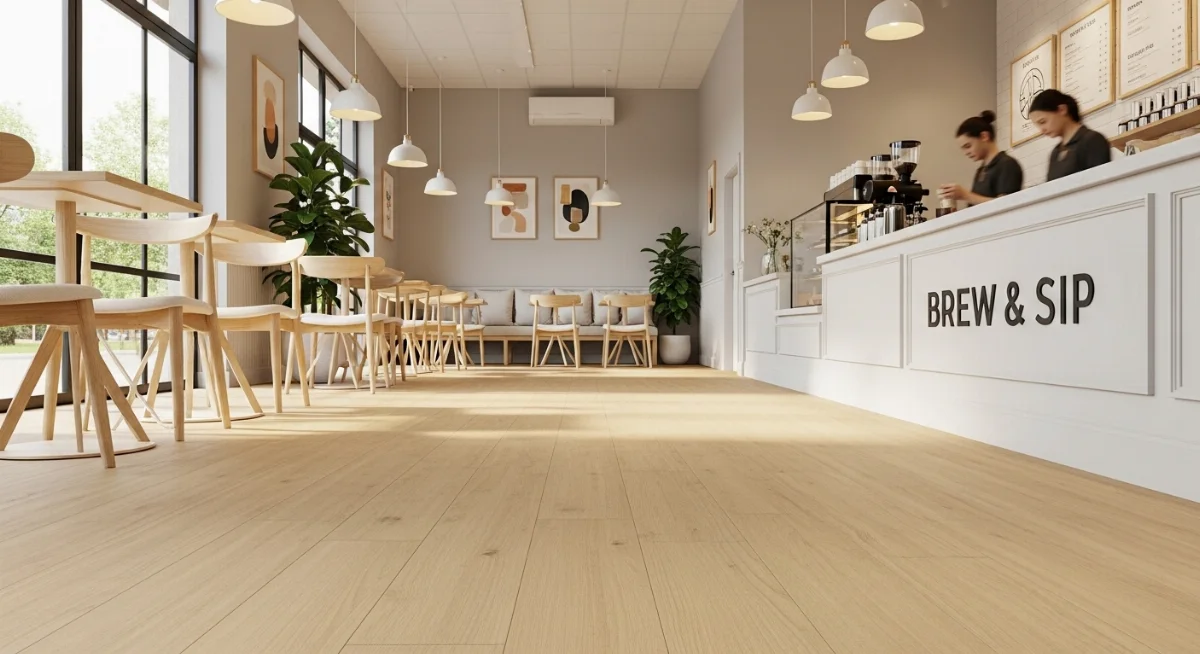 Mẫu sàn vinyl chống trơn vân gỗ tự nhiên cho quán trà sữa sang trọng