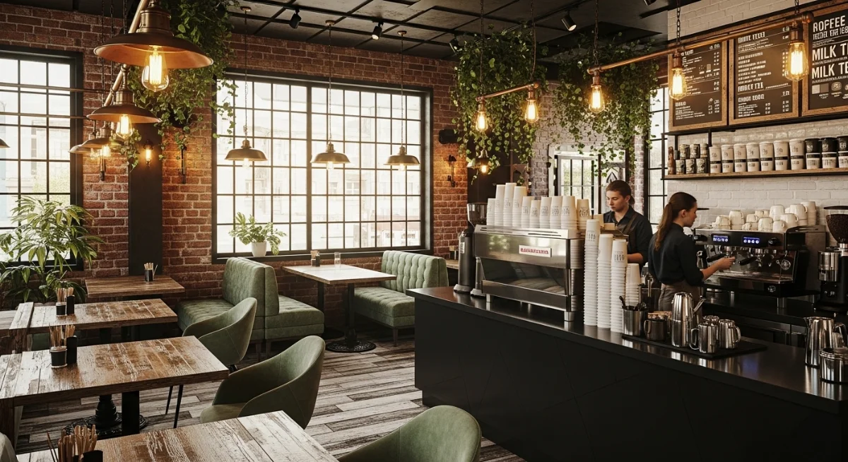 Không gian thiết kế cafe vintage ấm cúng với nội thất gỗ và ánh sáng vàng dịu