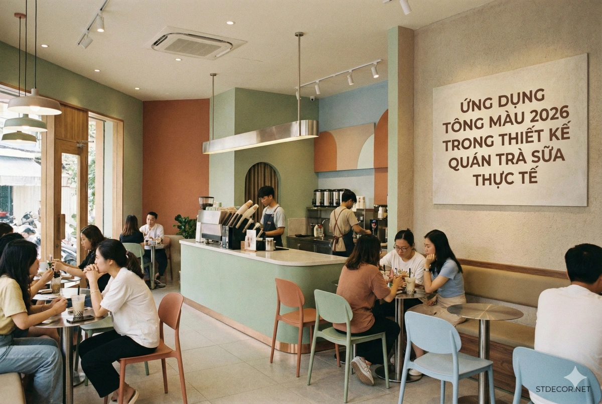 Ứng dụng tông màu 2026 trong thiết kế quán trà sữa thực tế