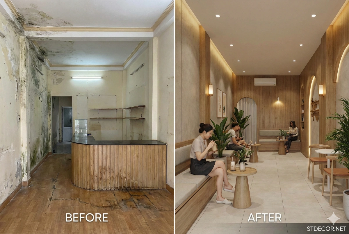 Vật liệu chống ẩm thiết kế quán trà sữa tại Bình Dương - So sánh before và after