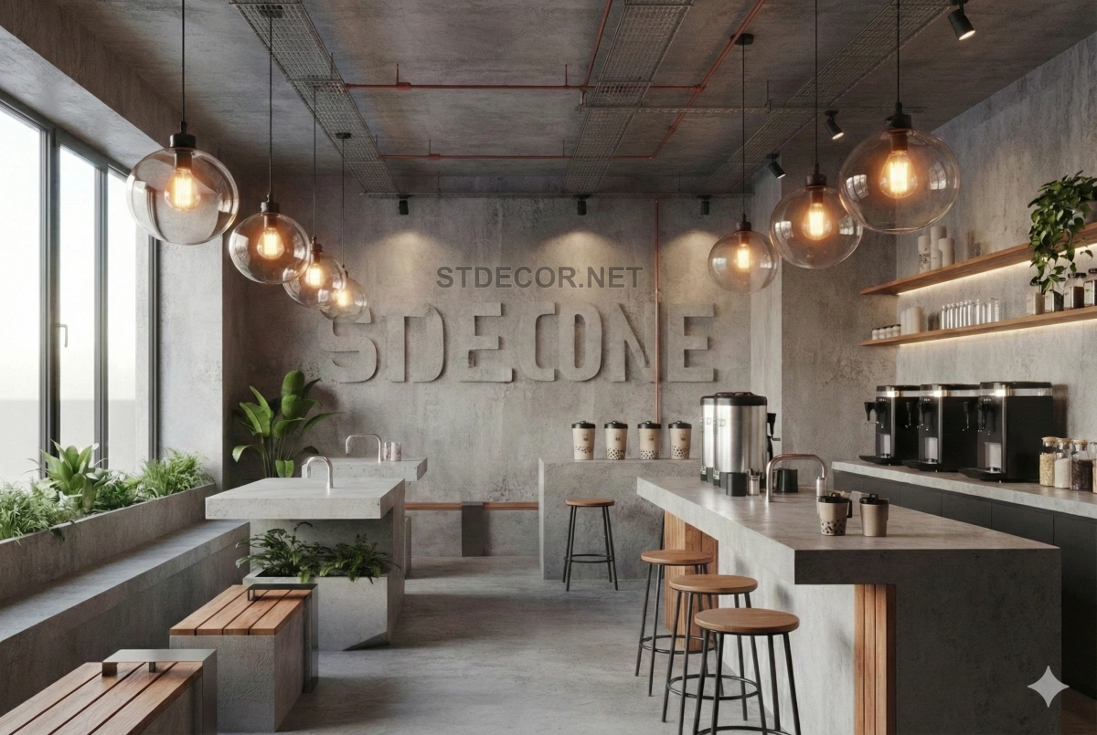 Xu hướng thiết kế quán trà sữa phong cách Industrial bê tông hóa 2026