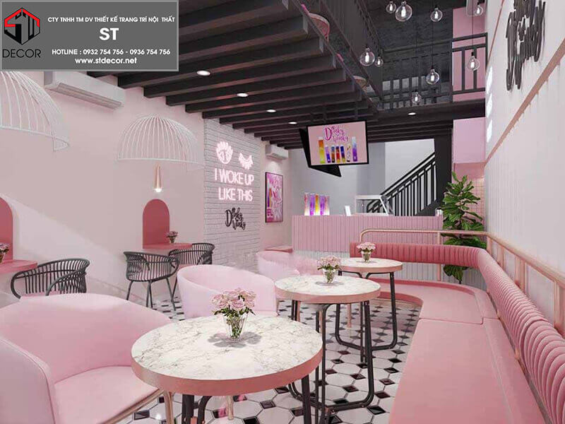 thiết kế quán trà sữa hồng